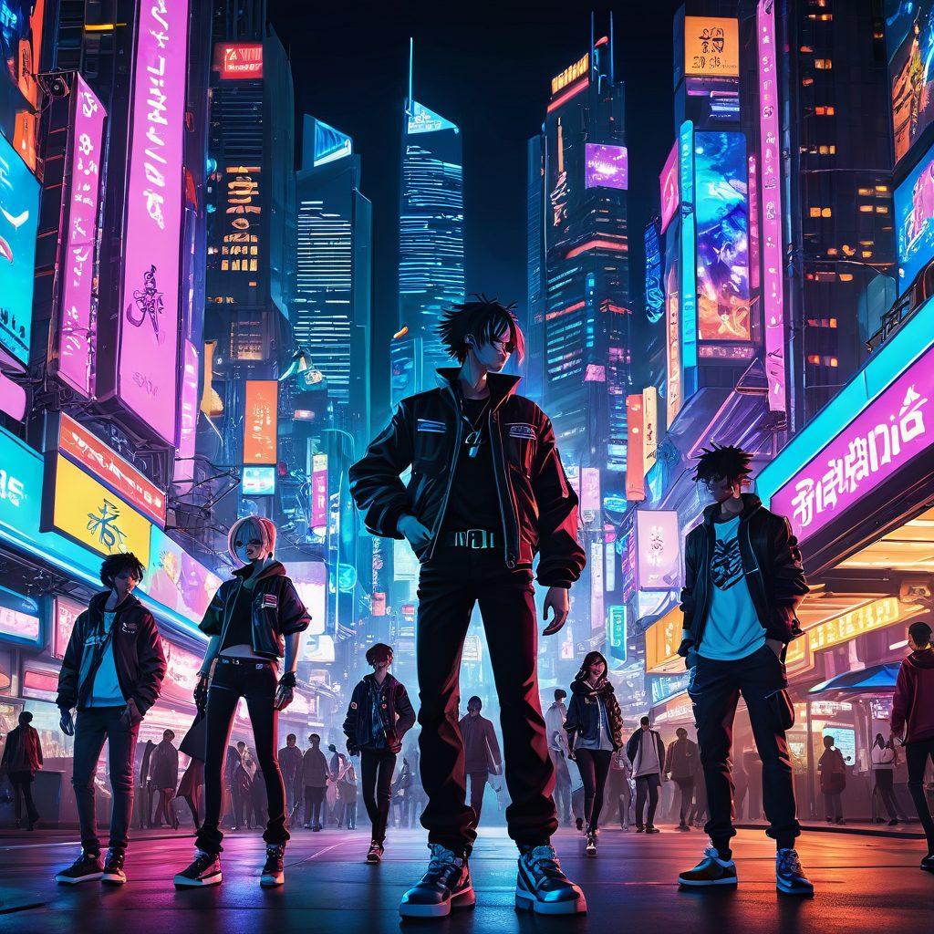 An immersive and colorful scene showcasing a diverse cast of anime characters in a vibrant urban setting, playfully engaging in flirtatious activities. Include elements of fantasy, like whimsical neon lights and artistic patterns in the background. Infuse the atmosphere with a sense of humor and flirtation, while maintaining a tasteful approach. Highly detailed, with an emphasis on rich colors and charming expressions. vibrant colors. cyberpunk.