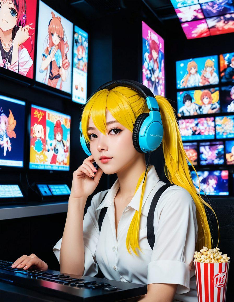 A captivating illustration combining key elements of manga art and streaming culture, featuring vibrant characters in various hentai styles, surrounded by digital screens displaying diverse hentai forms. Incorporate elements like popcorn, headphones, and colorful manga panels to symbolize entertainment and enjoyment. The background should be a lively blend of manga-inspired aesthetics with a modern digital feel. super-realistic. vibrant colors. 3D.