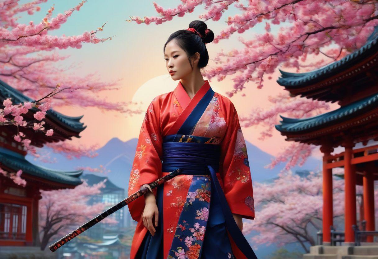 A vibrant collage featuring traditional Asian art styles blended with modern interpretations of adult themes. Include elements such as stylized samurai, cherry blossoms, and tastefully illustrated characters in intimate poses, surrounded by a backdrop of a neon cityscape symbolizing the blend of culture and modernity. The color palette should be bold and alluring, evoking an intriguing atmosphere. super-realistic. vibrant colors. 3D.